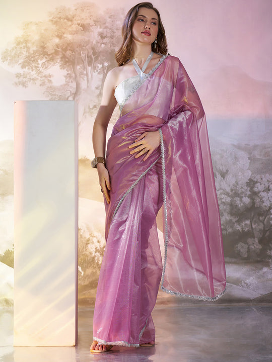 Lavender Twill Net Solid Saree With Blouse Piece