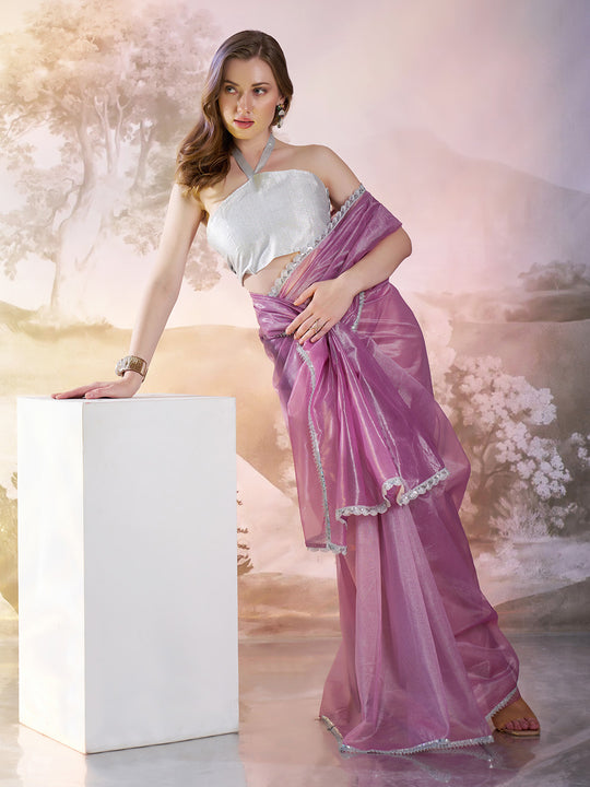 Lavender Twill Net Solid Saree With Blouse Piece
