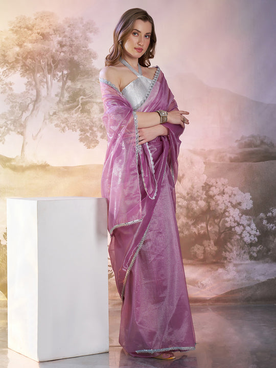 Lavender Twill Net Solid Saree With Blouse Piece