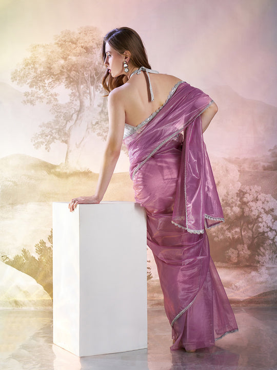 Lavender Twill Net Solid Saree With Blouse Piece
