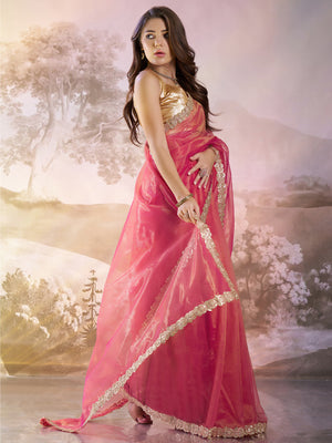 Pink Sequinned Designer Lace Organza Saree