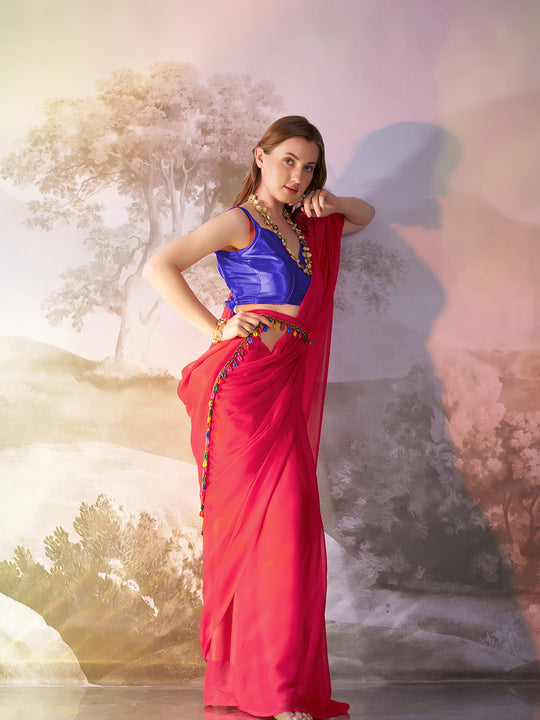 Crimson Red Chiffon Solid Saree With Blouse Piece