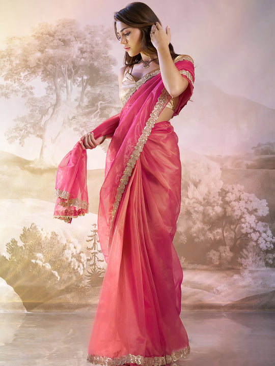 Pink Sequinned Designer Lace Organza Saree