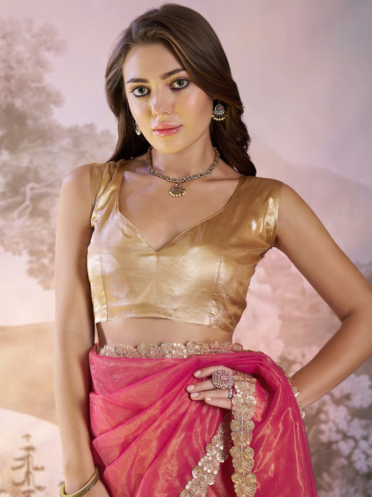 Pink Sequinned Designer Lace Organza Saree