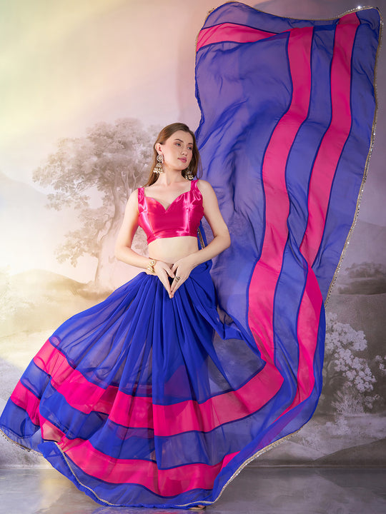 Pink And Blue Georgette Colorblocked Saree With Blouse Piece