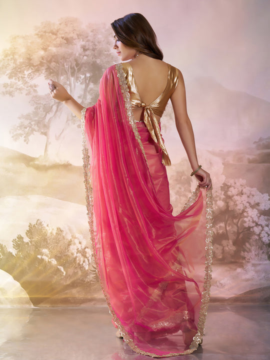 Pink Sequinned Designer Lace Organza Saree