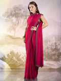 Hot Pink Embellished Beads And Stones Satin Saree