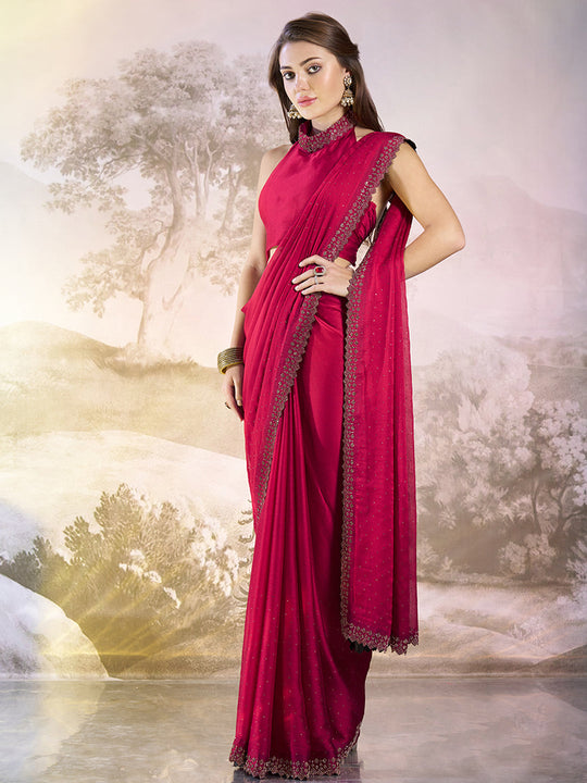 Hot Pink Embellished Beads And Stones Satin Saree