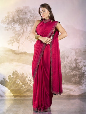 Hot Pink Embellished Beads And Stones Satin Saree