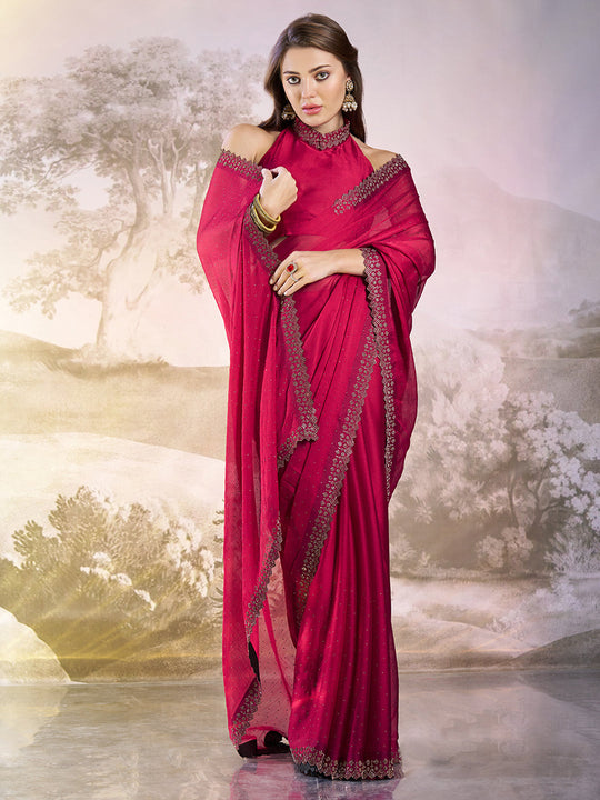 Hot Pink Embellished Beads And Stones Satin Saree