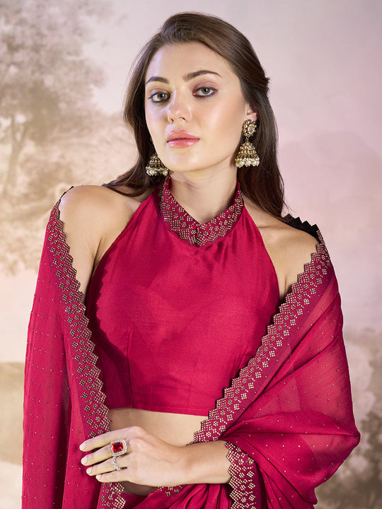 Hot Pink Embellished Beads And Stones Satin Saree