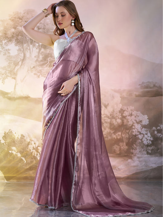 Lavender Organza Solid Saree With Blouse Piece