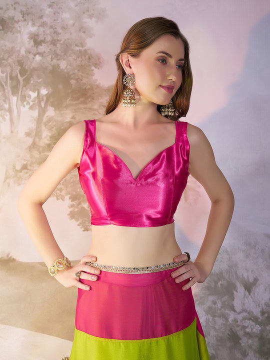 Green And Pink Chiffon Colorblocked Saree With Blouse Piece