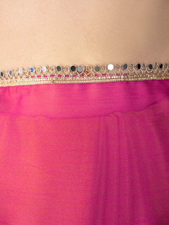 Green And Pink Chiffon Colorblocked Saree With Blouse Piece