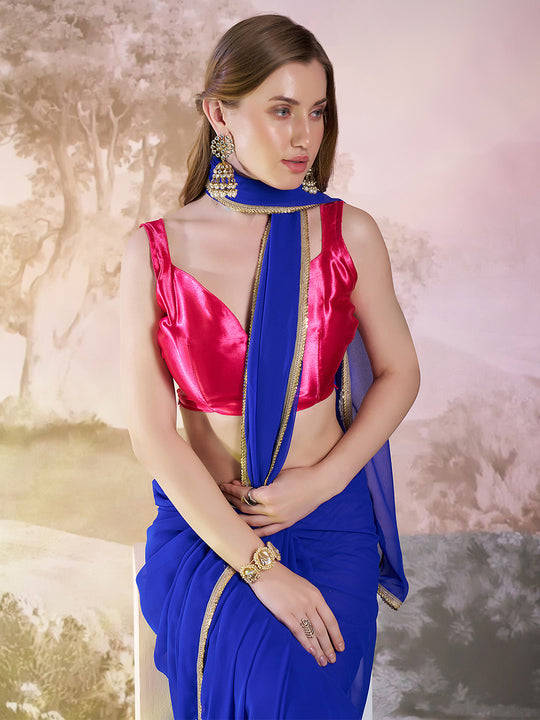 Blue Georgette Solid Saree With Blouse Piece