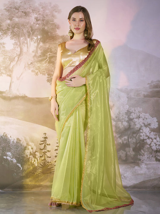 Lime Yellow Twill Net Solid Saree With Blouse Piece
