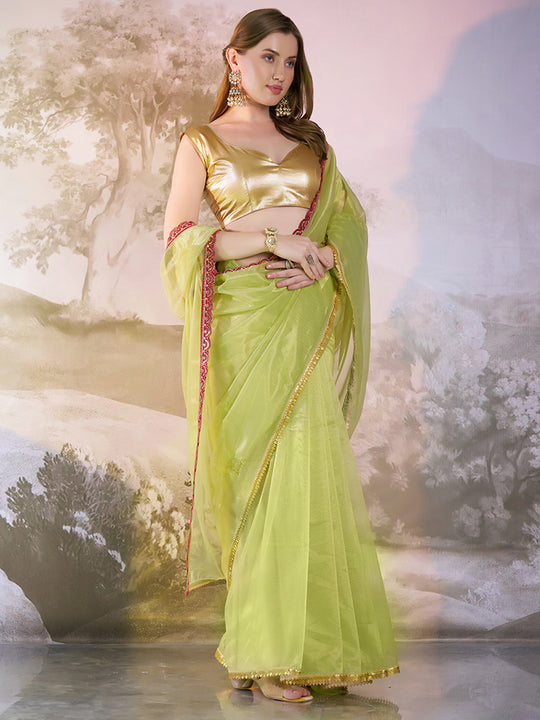 Lime Yellow Twill Net Solid Saree With Blouse Piece