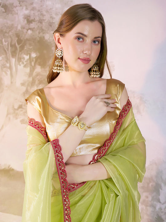 Lime Yellow Twill Net Solid Saree With Blouse Piece