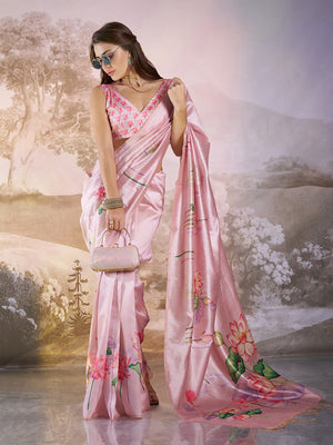 Pink Linen Blend Printed Saree With Blouse Piece
