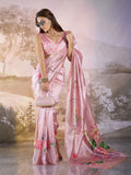 Pink Linen Blend Printed Saree With Blouse Piece