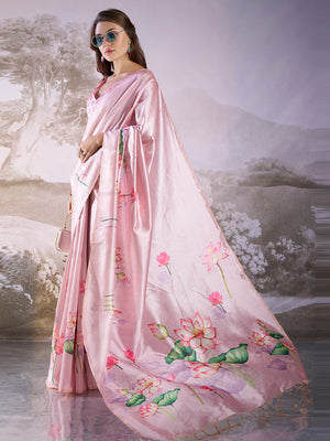 Pink Linen Blend Printed Saree With Blouse Piece