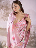 Pink Linen Blend Printed Saree With Blouse Piece