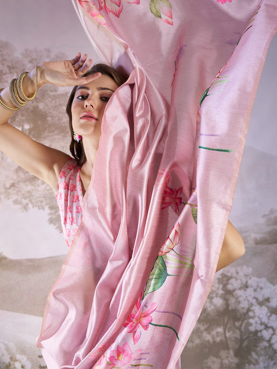 Pink Linen Blend Printed Saree With Blouse Piece