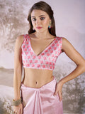 Pink Linen Blend Printed Saree With Blouse Piece