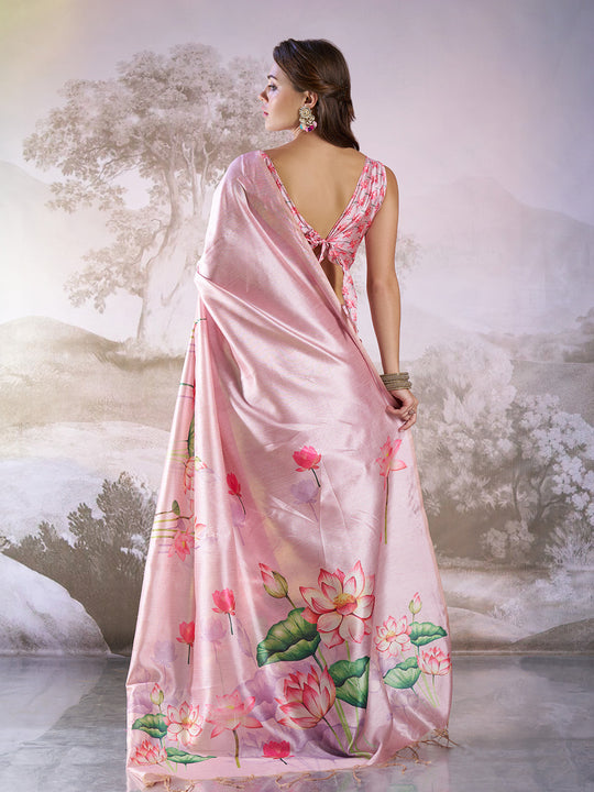 Pink Linen Blend Printed Saree With Blouse Piece