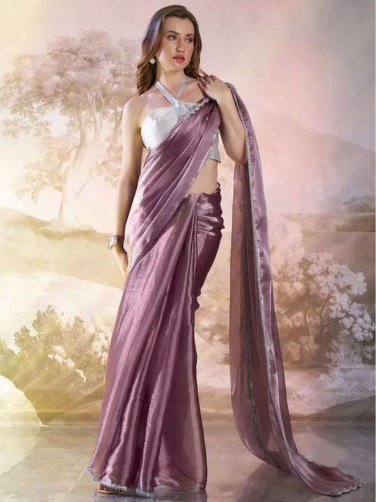 Lavender Organza Solid Saree With Blouse Piece