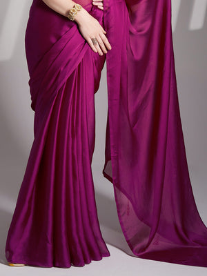 Wine Chiffon Solid Saree With Blouse Piece