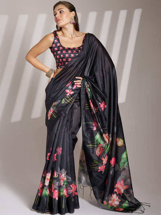 Black Linen Blend Printed Saree With Blouse Piece