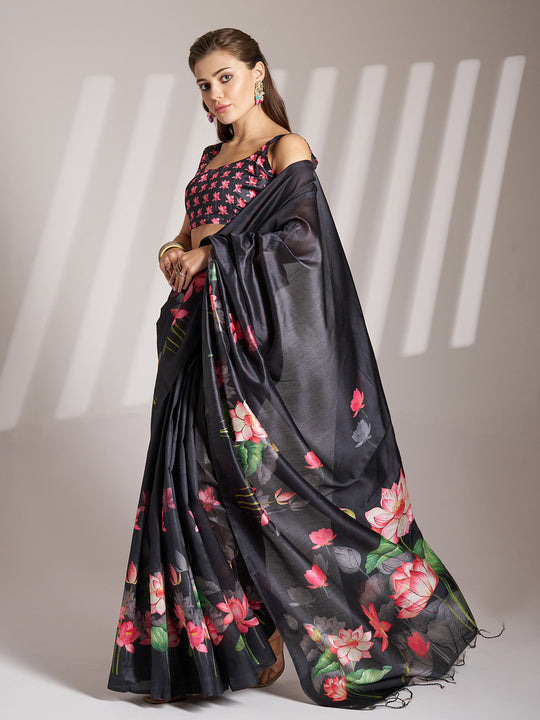 Black Linen Blend Printed Saree With Blouse Piece