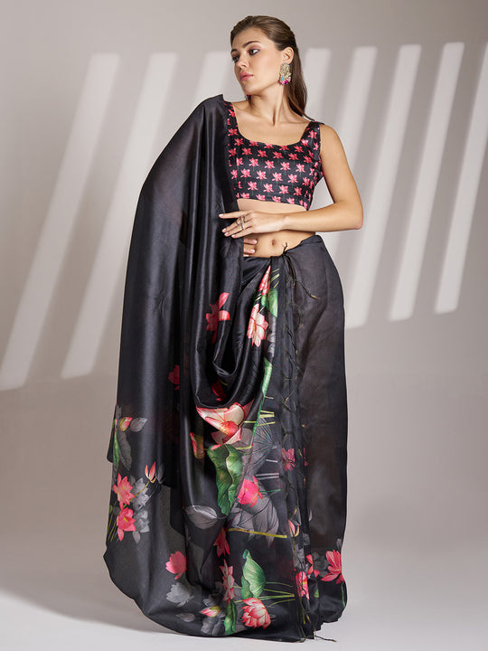 Black Linen Blend Printed Saree With Blouse Piece