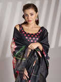 Black Linen Blend Printed Saree With Blouse Piece