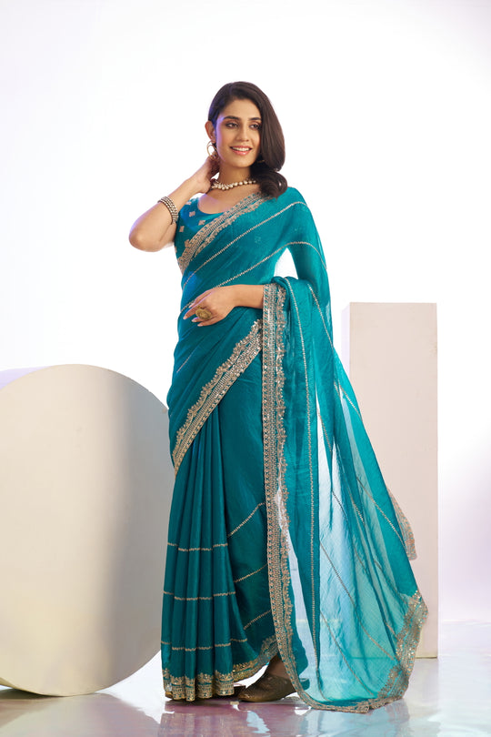 Chiffon Embroidered Work With Embroidered Blouse Piece