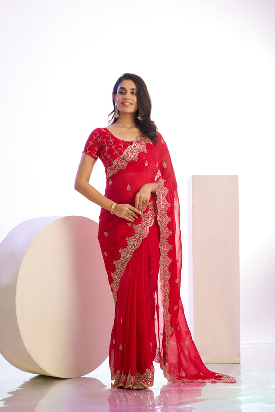 Chiffon Embroidered Work With Embroidered Blouse Piece