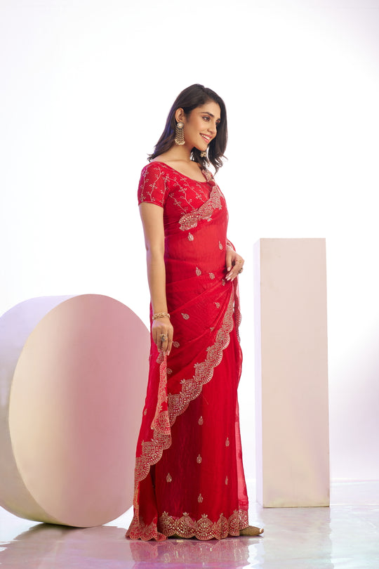 Chiffon Embroidered Work With Embroidered Blouse Piece