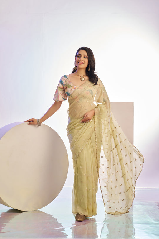 Crunchy Embroidered Work Saree With Printed Blouse Piece