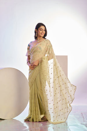 Crunchy Embroidered Work Saree With Printed Blouse Piece