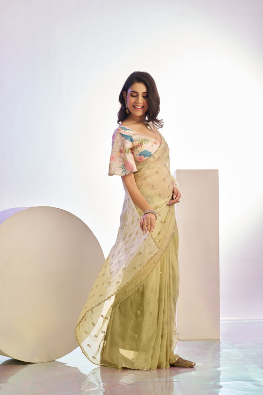 Crunchy Embroidered Work Saree With Printed Blouse Piece