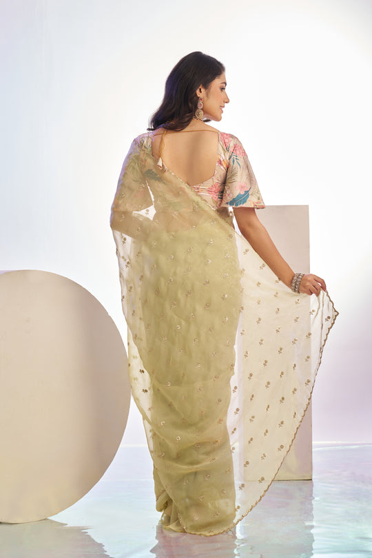 Crunchy Embroidered Work Saree With Printed Blouse Piece