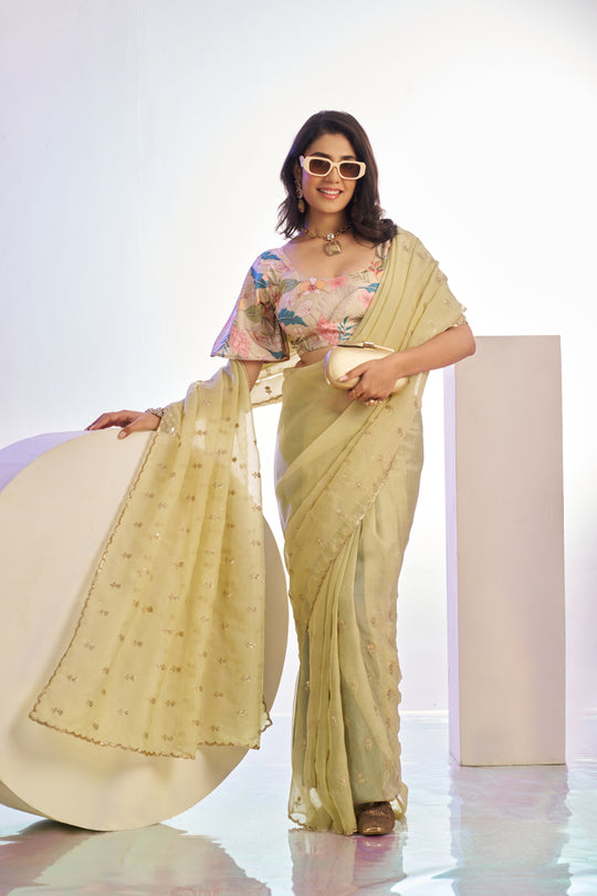 Crunchy Embroidered Work Saree With Printed Blouse Piece