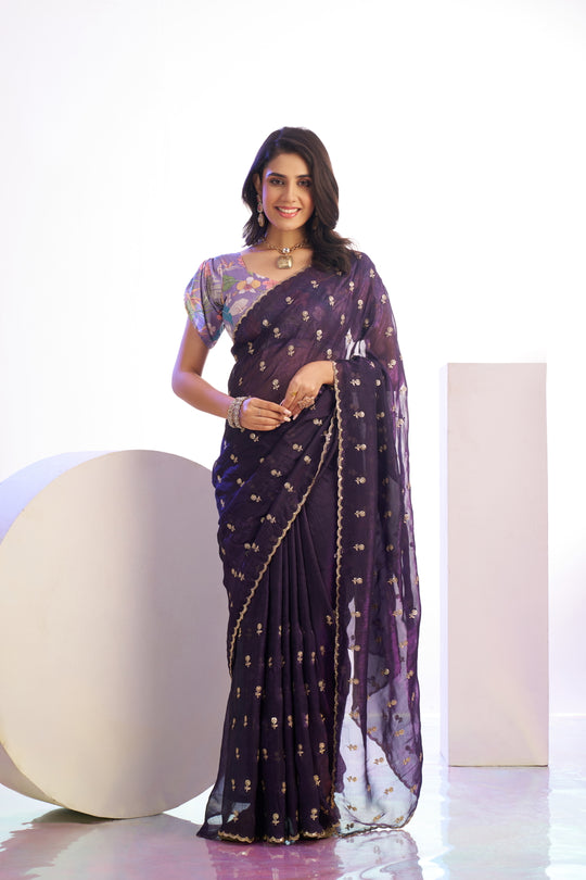 Crunchy Embroidered Work Saree With Printed Blouse Piece