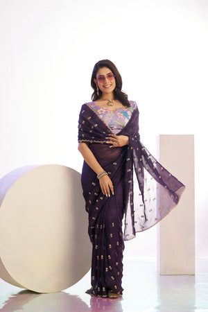 Crunchy Embroidered Work Saree With Printed Blouse Piece