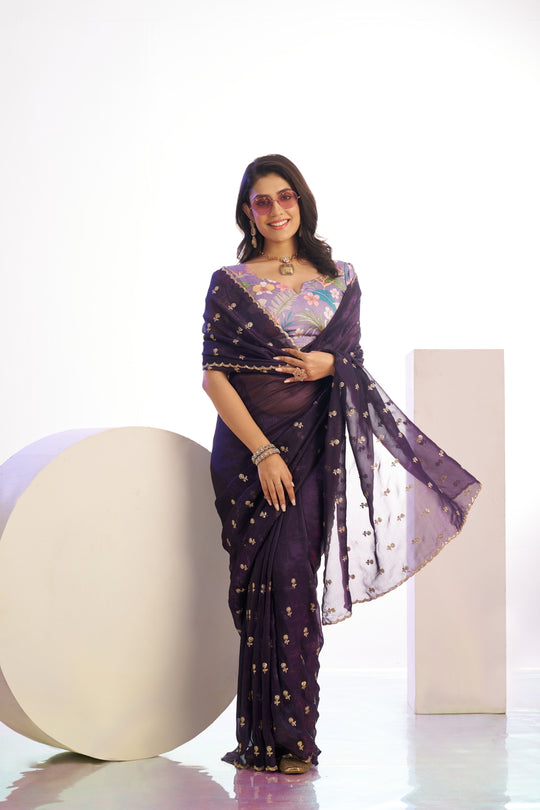 Crunchy Embroidered Work Saree With Printed Blouse Piece