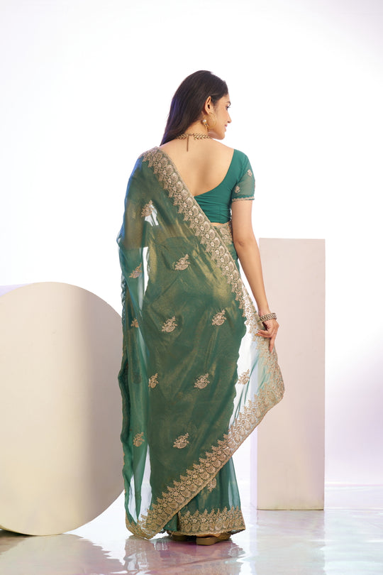 Jimmy Chu Tissue Embroidered Work Saree With Embroidered Blouse Piece