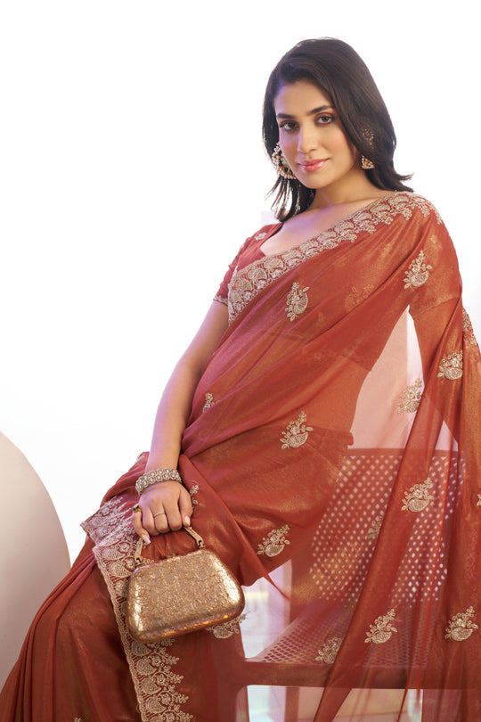 Jimmy Chu Tissue Embroidered Work Saree With Embroidered Blouse Piece
