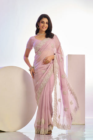 Jimmy Chu Tissue Embroidered Work Saree With Embroidered Blouse Piece