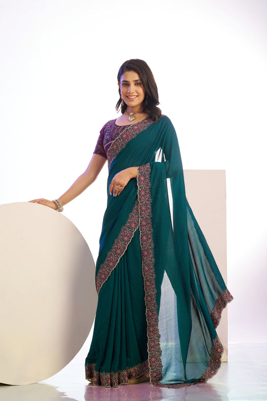 Vichitra Crunchy Sequins Embroidered Work With Blouse Piece